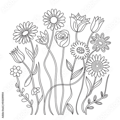 The flower is drawn as a continuous line. Vector illustration.
