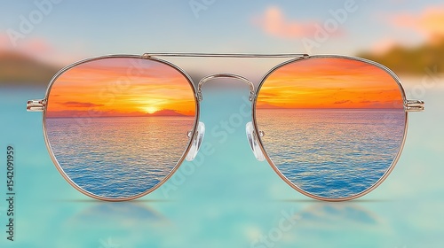 Silhouette of sunglasses against vibrant sunset at seashore