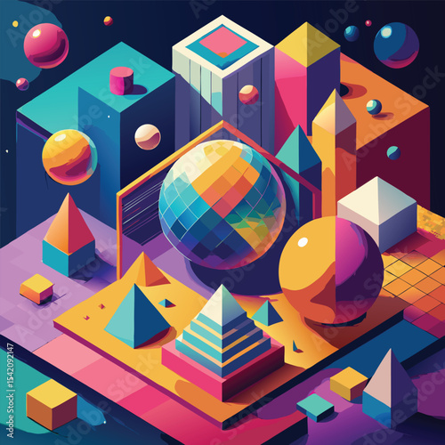 Vibrant 80s inspired chaotic design with geometric patterns