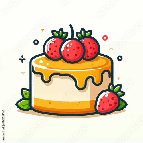 Cartoon cake with strawberries featuring a glazed top and stylized design