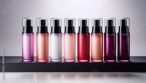 set of cosmetic tubes with pump and transparent cap white pink red purple and black bottles gel serum or foundation korean packaging