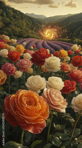 Colorful Rose Garden At Sunset