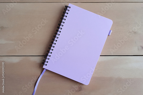 Lavender spiral notebook on wooden desk