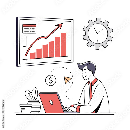 Business Growth and Productivity: Man at Laptop, Charts, and Clock Icon