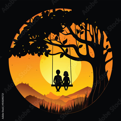 Romantic Couple on Swing Under Tree – Sunset Silhouette Art for Love and Nature Themes