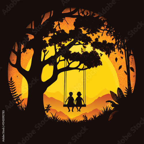 Romantic Couple on Swing Under Tree – Sunset Silhouette Art for Love and Nature Themes