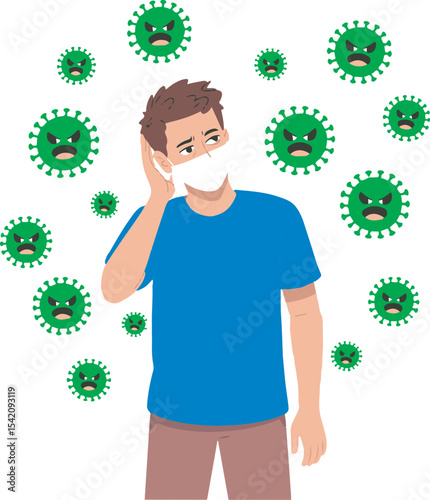 Man Wearing Blue Shirt and Brown Shorts with White Face Mask Surrounded by Angry Green Virus Icons Illustration