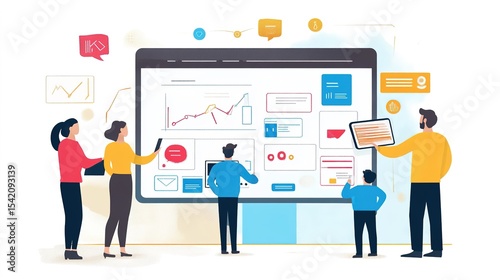 Wallpaper Mural A team collaborates and analyzes data on a large digital screen displaying charts, messages, and notifications for project management and communication. Torontodigital.ca