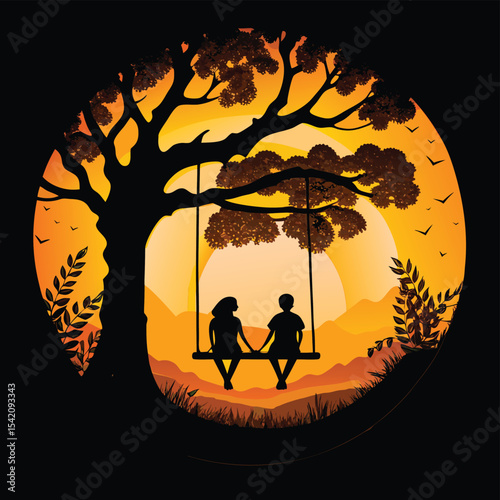 Romantic Couple on Swing Under Tree – Sunset Silhouette Art for Love and Nature Themes