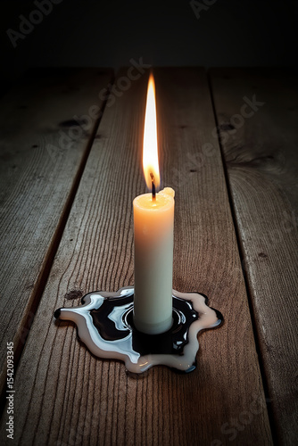 Lit candle melting on wooden table in dark setting