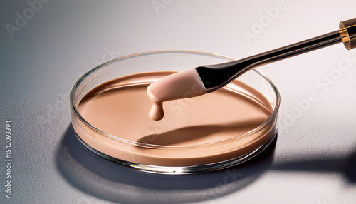 metallic spatula with test of beige liquid foundation or concealer above clear glass petri dish 3d rendering beauty cosmetic product or skincare concepts with a clean aesthetic