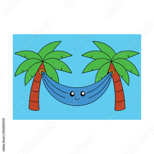 Cheerful Hammock Hangout Cute Cartoon Scene of Hammock Suspended Between Two Palm Trees on Sunny Blue Sky Background