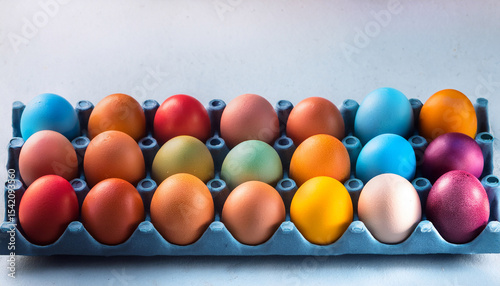 colorful chicken eggs in tray