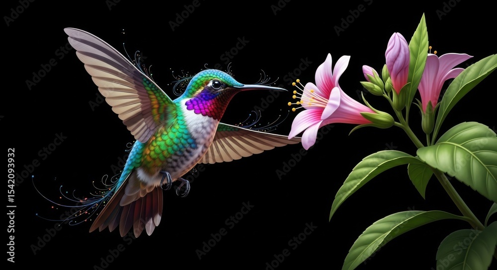 Obraz premium Hummingbird Feeds on Nectar from Blooming Flower