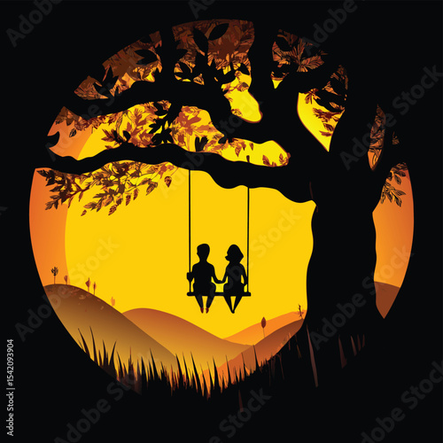 Romantic Couple on Swing Under Tree – Sunset Silhouette Art for Love and Nature Themes