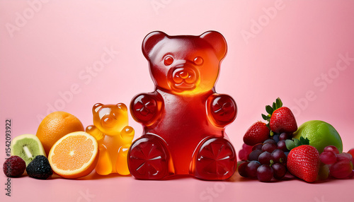 a colorful and bright image showing big gummy bear candies with different fresh fruits on a smooth pink background to show fun flavors
