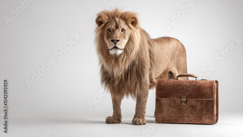 A lion standing tall beside a large briefcase, symbolizing leadership and power in business,