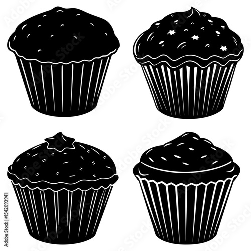 Four monochrome cupcakes with various toppings and decorative liners in a vector illustration