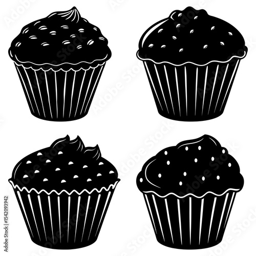 Four cupcakes with frosting and sprinkles in black and white vector illustration dessert sweet treats
