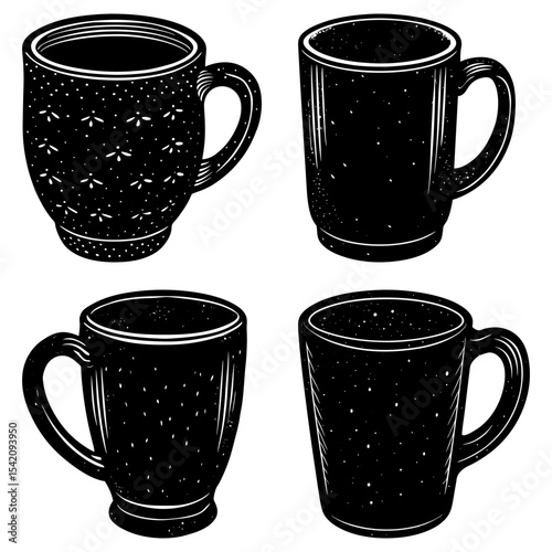 Illustration of four black coffee mugs with different designs arranged on a white background surface view