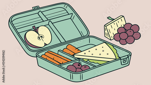 Illustration of an open lunchbox with an apple, carrots, grapes, sandwich, and cheese, ready for lunch