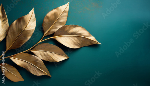 gold leaf branch teal background art elegant decor