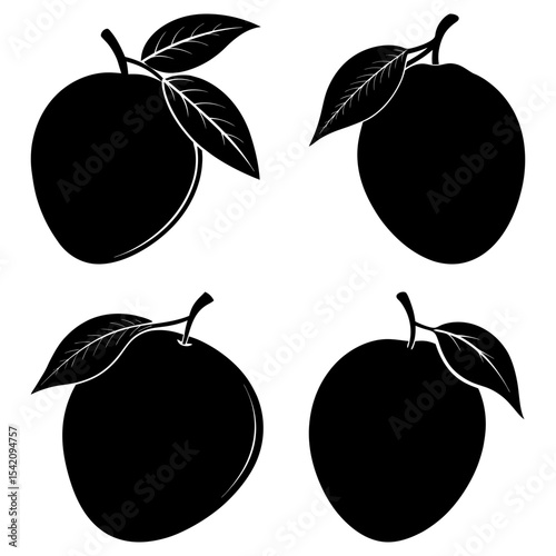 Four black silhouette images of plums with leaves arranged on a white background in a square format