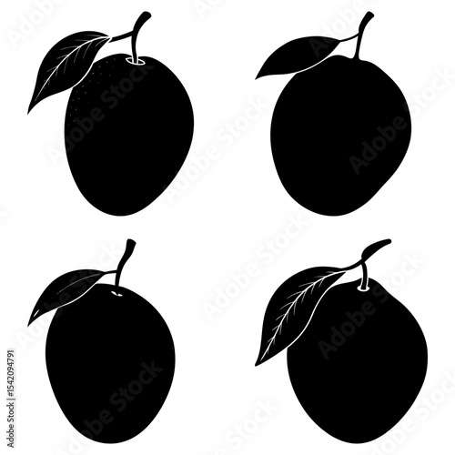 Four black and white silhouette images of plums with leaves on a white background illustration style