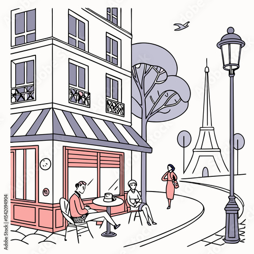 A charming Paris street café scene with French signage and people enjoying coffee.