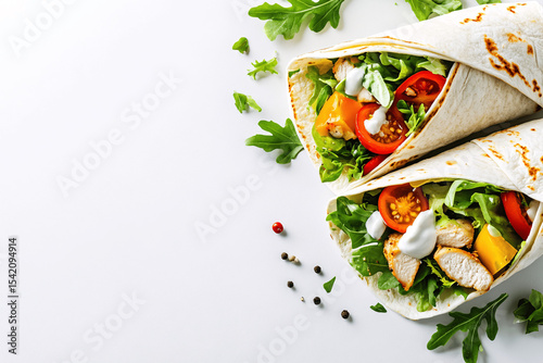 Chicken wraps with salad, tomato, and white sauce on white background, fresh and minimal overhead food presentation