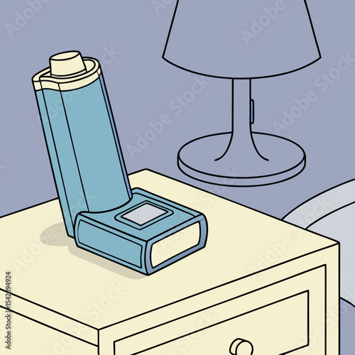 A blue asthma inhaler placed on a bedside table with soft medical lighting.