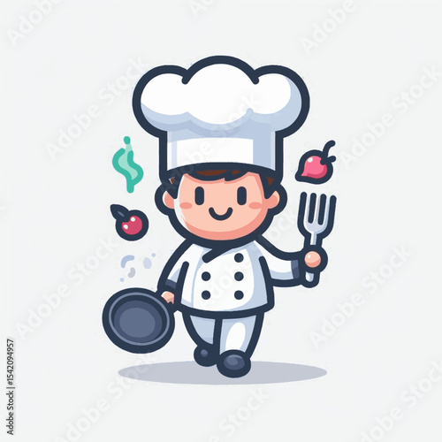 Cartoon chef in uniform carries a pan  fork amidst levitating food items