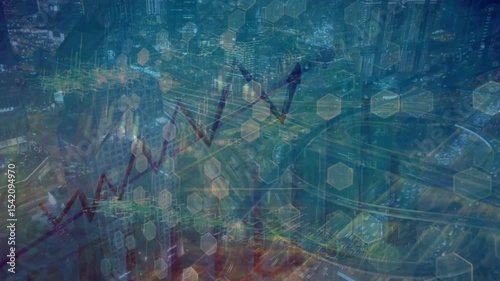 image of data processing over cityscape. global business, digital interface, connections and digital interface concept digitally generated image.