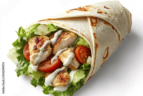 Chicken wraps with salad, tomato, and white sauce on white background, fresh and minimal overhead food presentation
