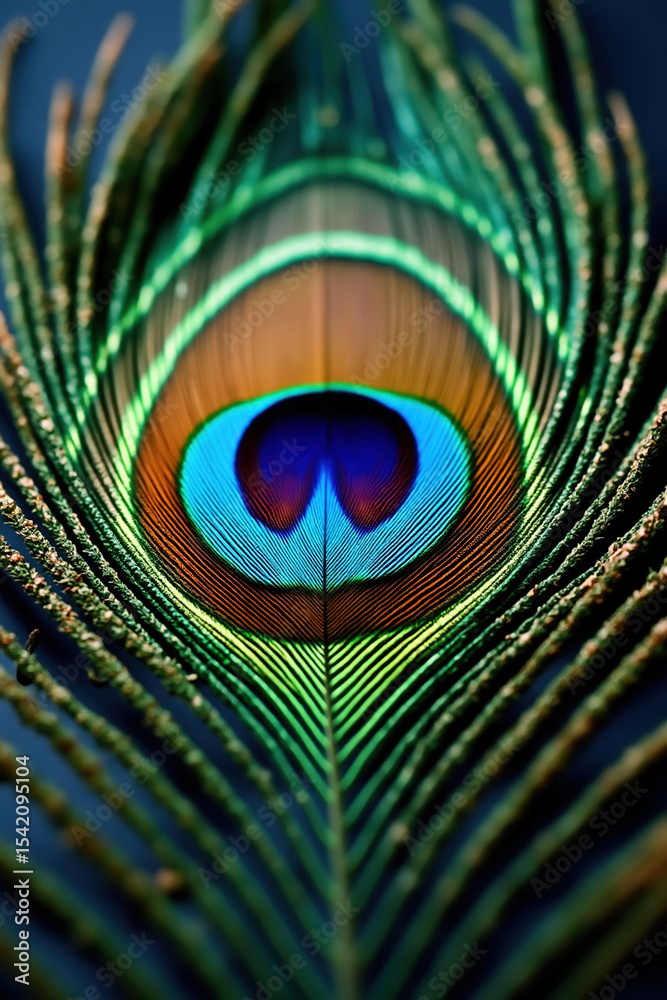 Obraz premium Macro shot of a vibrant peacock feather with iridescent colors and intricate detail