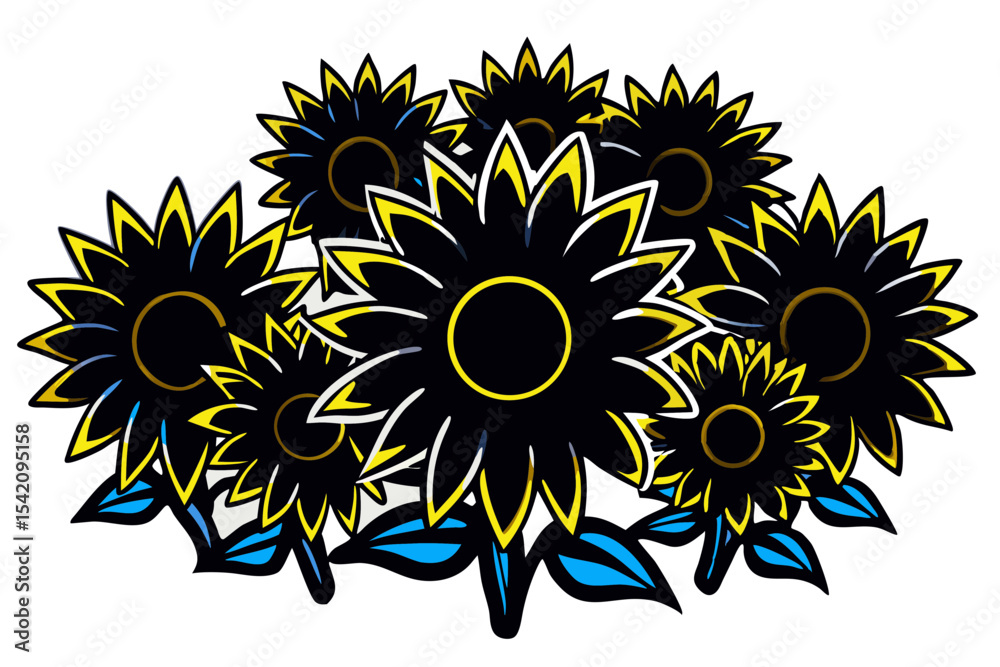 Fototapeta premium Artistic Sunflower Cluster Design Featuring Bold Black Petals and Yellow Accents