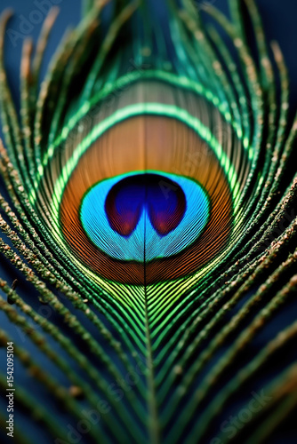Macro shot of a vibrant peacock feather with iridescent colors and intricate detail