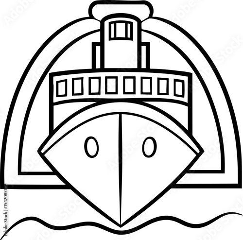 Front view line drawing of a ship approaching on water with a large arch structure in the background.