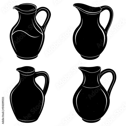 Four black and white pitchers with handles and spouts arranged in a square format on white background