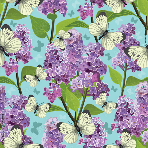 Seamless background pattern of lilac branches with white butterflies. Cabbage butterflies