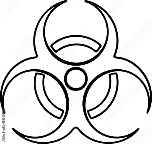 A black and white biohazard symbol consisting of three curved shapes surrounding a central circle, representing biological dangers.