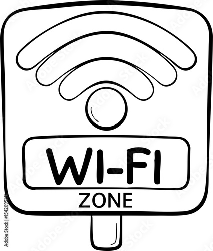 Black and white Wi-Fi zone sign with wireless signal icon and text indicating internet access area.