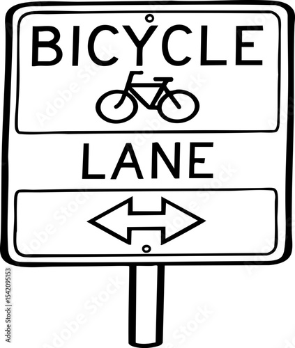 A black and white sign indicating a bicycle lane with a bicycle icon and a horizontal double arrow below.