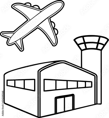A black and white line drawing of an airport with a terminal building, control tower, and an airplane flying above.