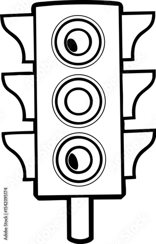 A black and white outline illustration of a vertical traffic light with three circular lights and side visors.