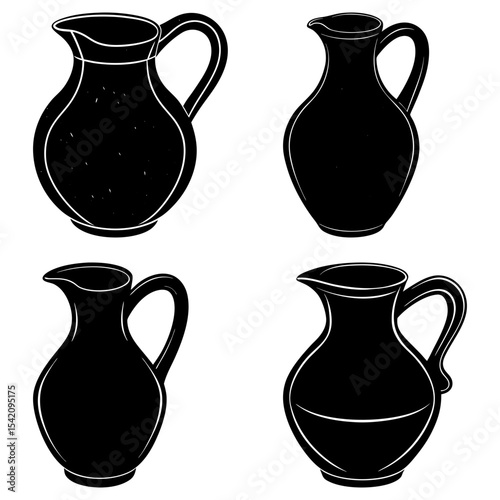 Collection of four black and white pitchers with handles in a simple vector graphic style design art