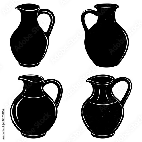Four black and white illustrations of pitchers with handles and spouts in varying shapes and sizes