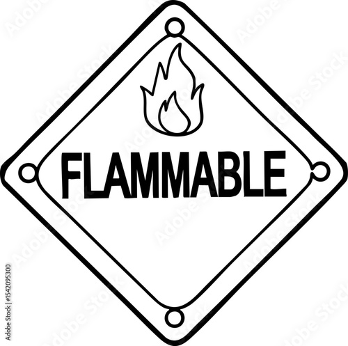 A black and white diamond-shaped sign with a flame icon and the word "FLAMMABLE," indicating the presence of easily ignitable materials.
