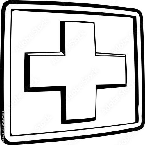 A bold, hand-drawn black and white 3D plus sign enclosed in a square frame.