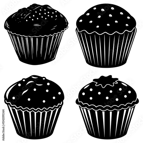 Four monochrome cupcakes with different toppings and designs in a square format illustration style